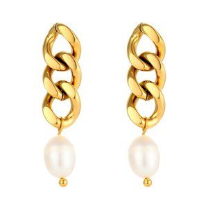 Fresh Water Pearl Gold Chain Drop‎ Earrings 18K Gold Plated Stainless Steel